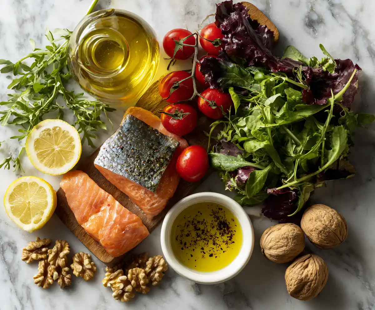 Heart-healthy foods like olive oil, salmon, and vegetables that support the health benefits of the Mediterranean diet.