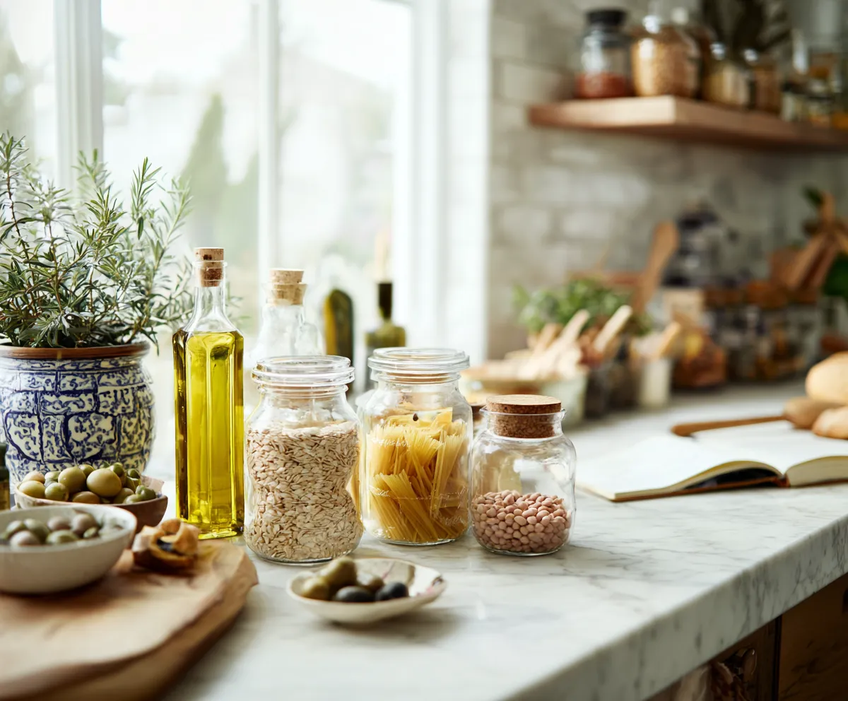 Mediterranean pantry staples illustrating how to start applying the health benefits of the Mediterranean diet.
