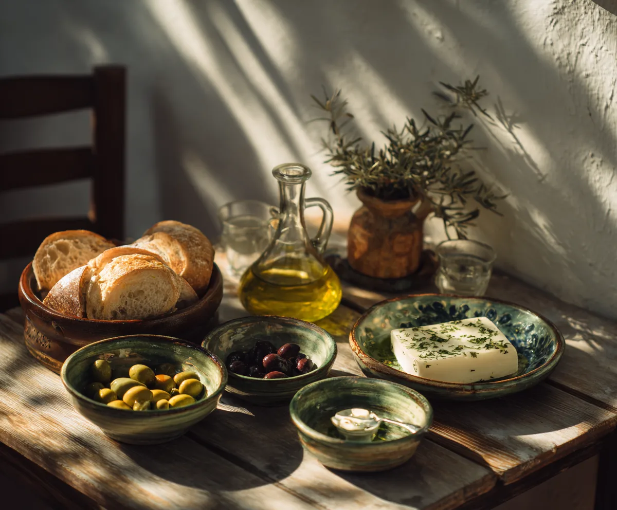 Mediterranean dining table showing the lifestyle behind the health benefits of the Mediterranean diet