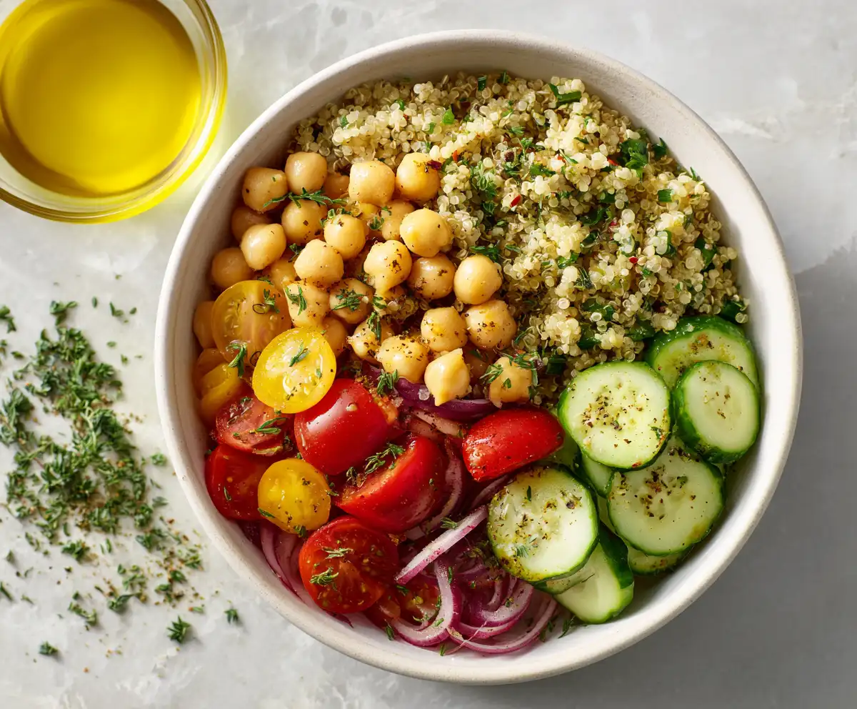 Mediterranean lunch bowl showing balanced meals and the health benefits of the Mediterranean diet for weight management.
