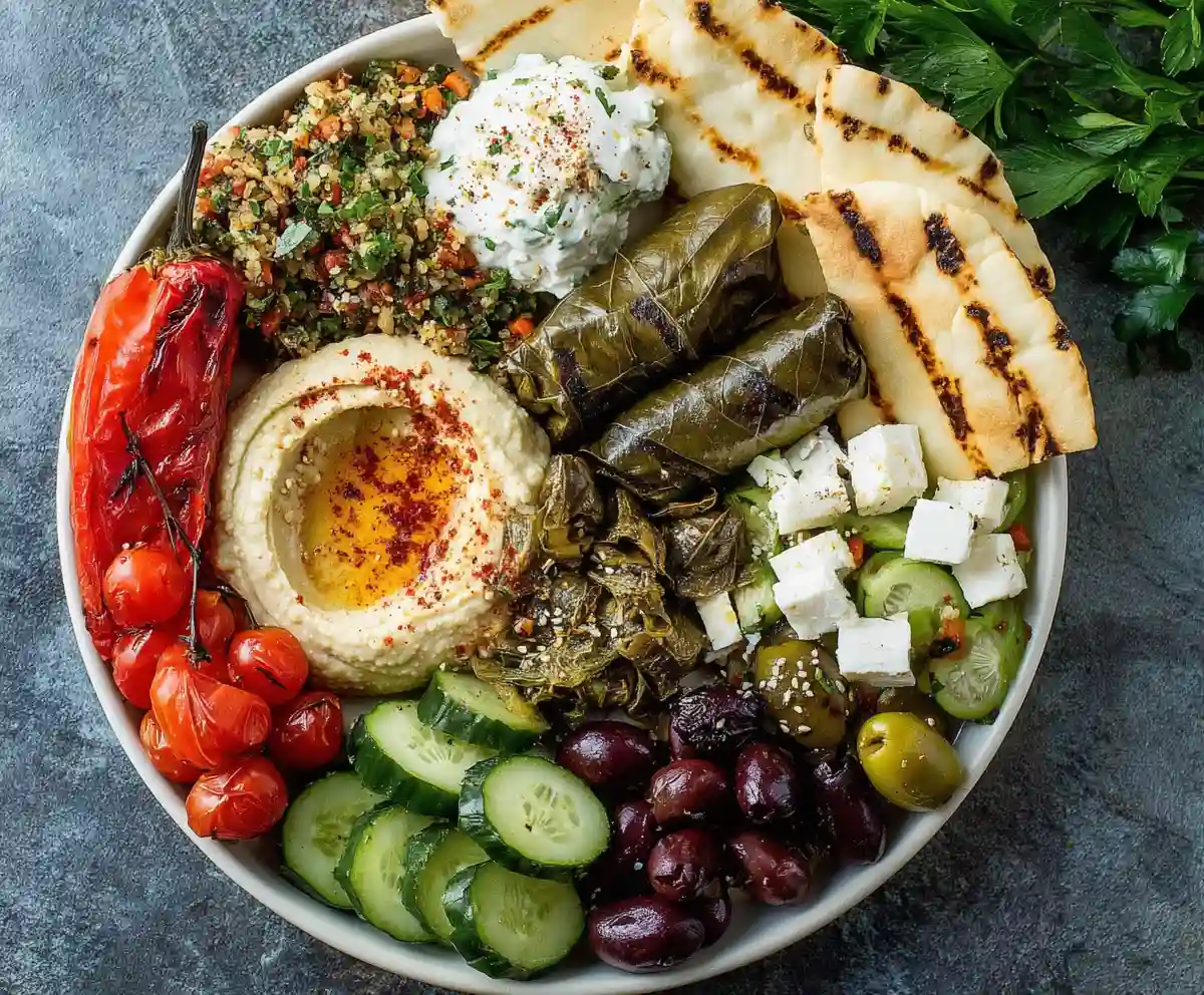 Mediterranean mezze platter at home with hummus, pita, tzatziki, olives, and feta cheese