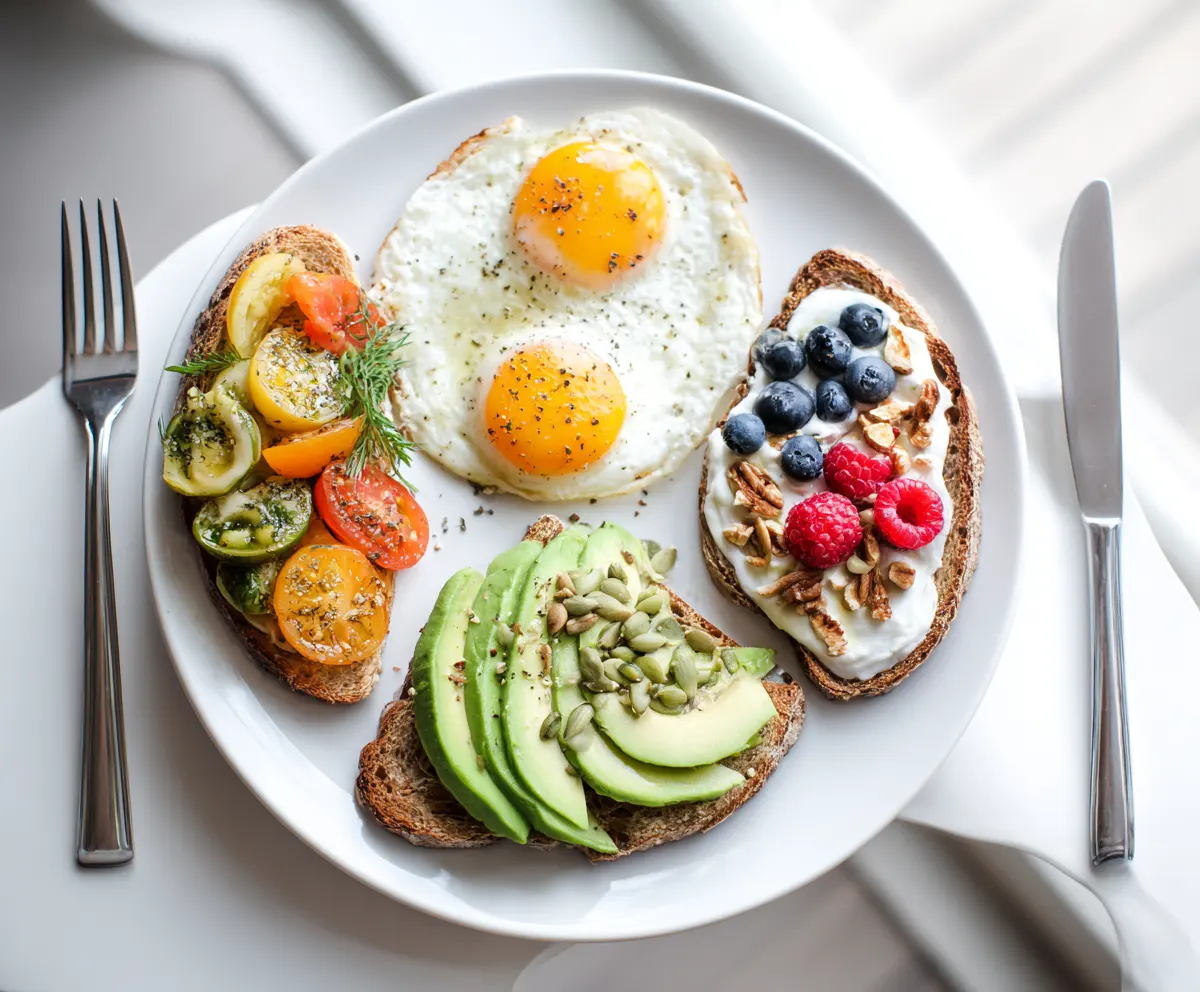 Mediterranean breakfast recipes balanced plate with eggs, toast, and yogurt