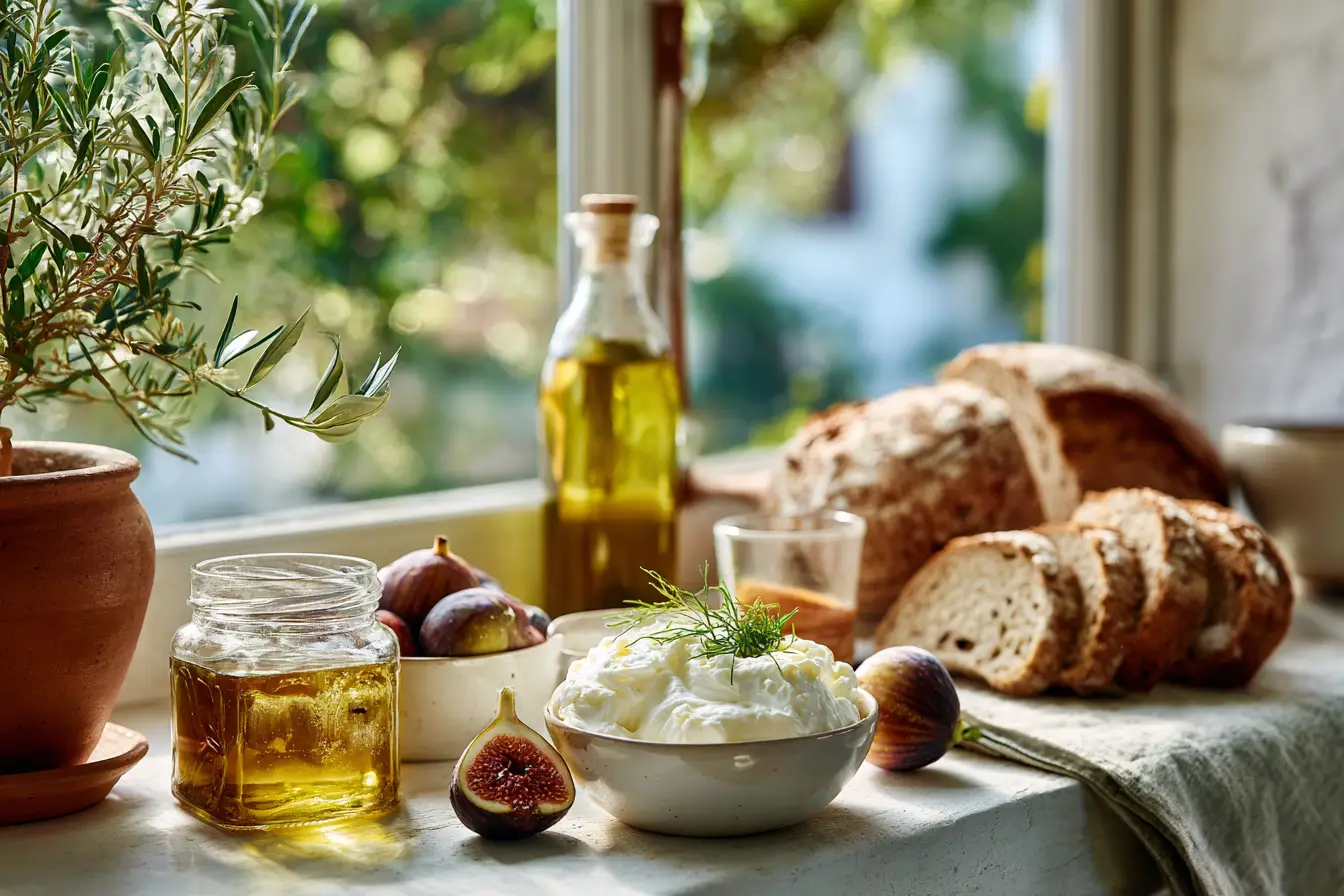 Mediterranean breakfast recipes with yogurt, figs, olive oil, and honey on a rustic wooden table