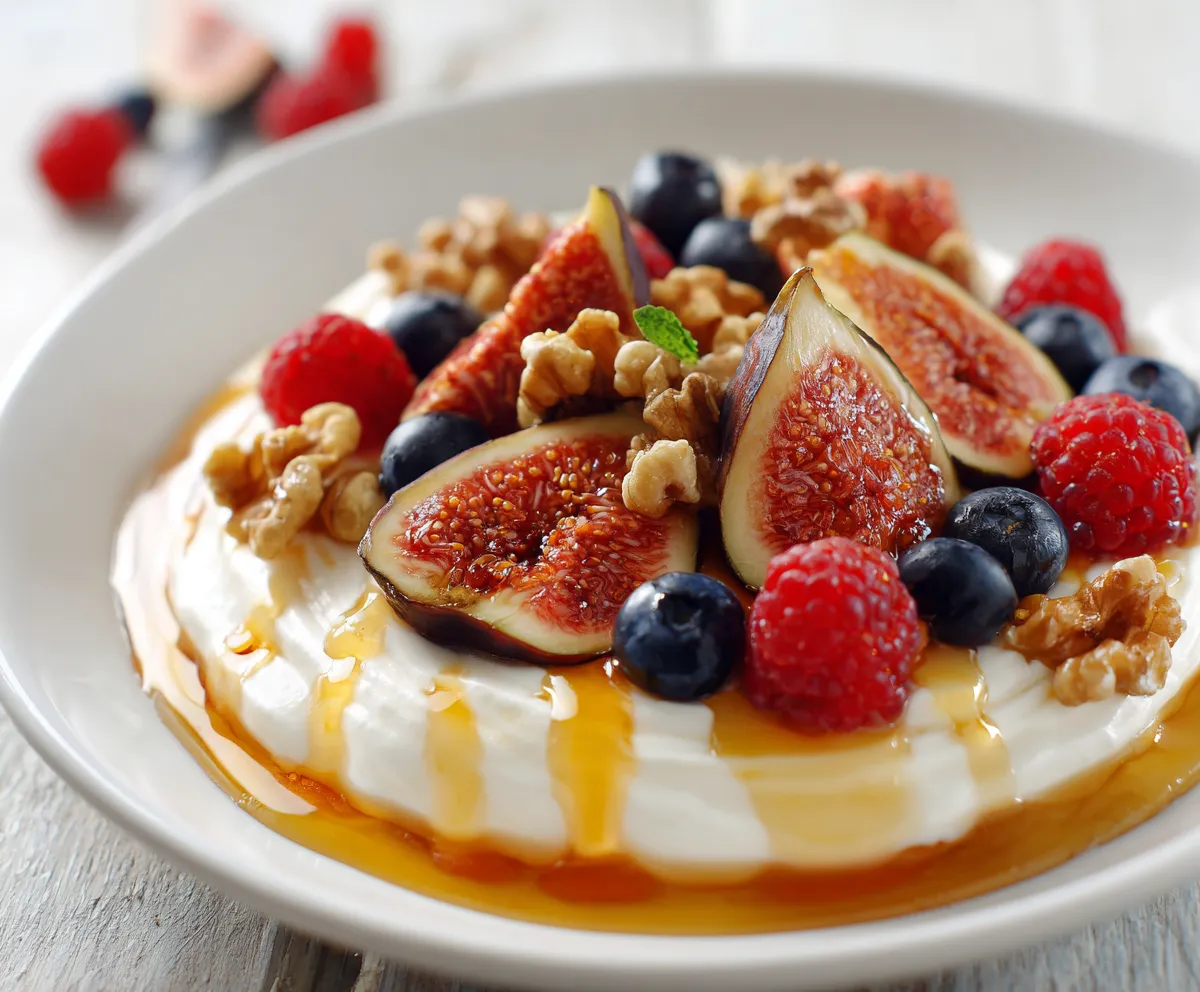 Mediterranean breakfast recipes featuring Greek yogurt with honey, walnuts, and figs