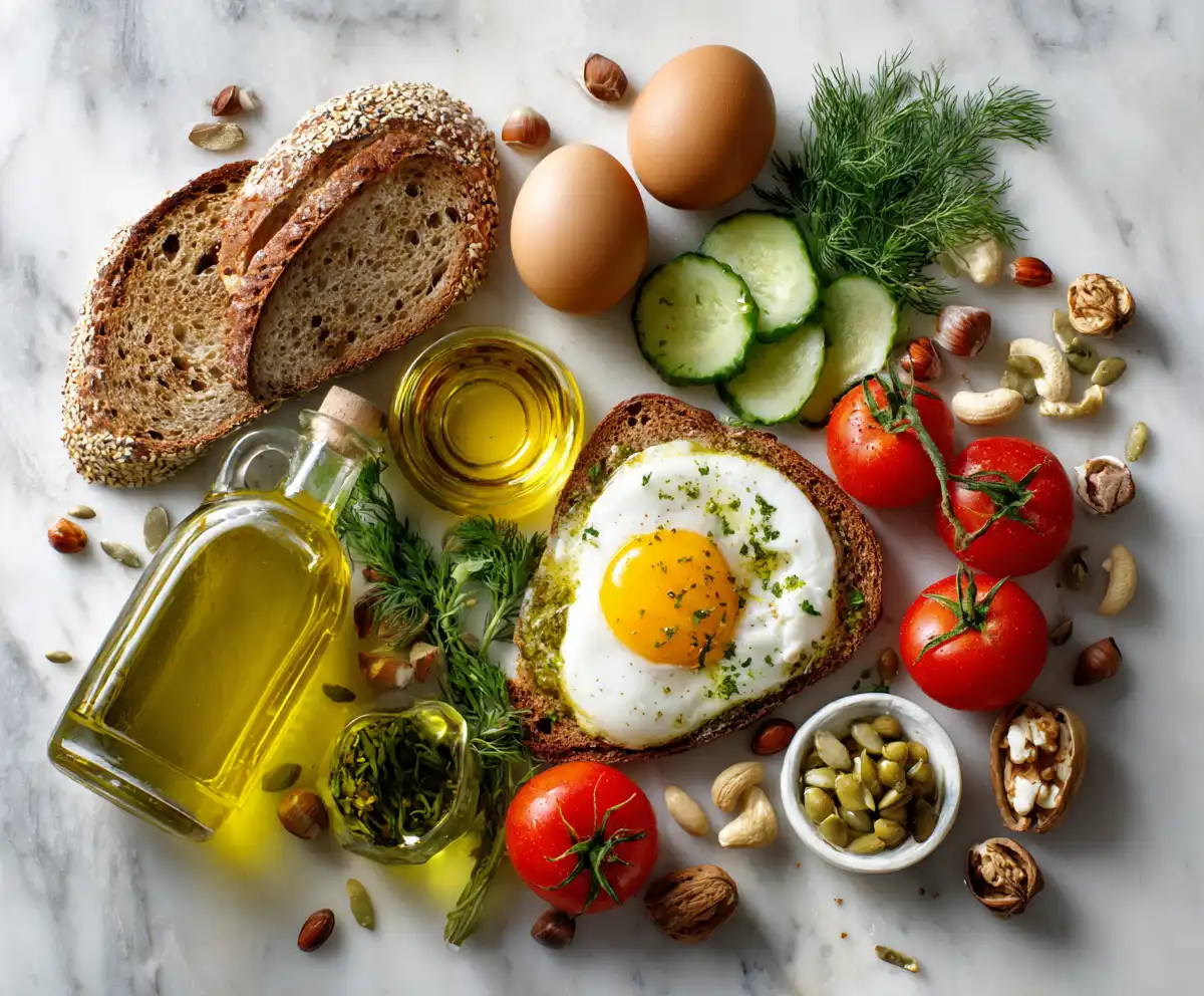 Mediterranean breakfast recipes ingredients flat lay with olive oil, eggs, and vegetables