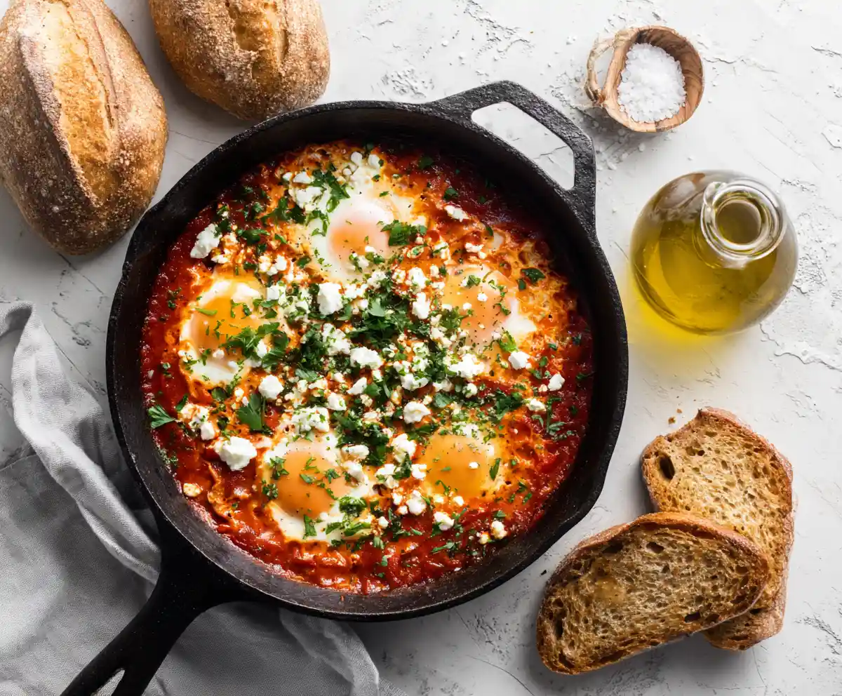 Mediterranean breakfast recipes shakshuka with feta and herbs in a skillet