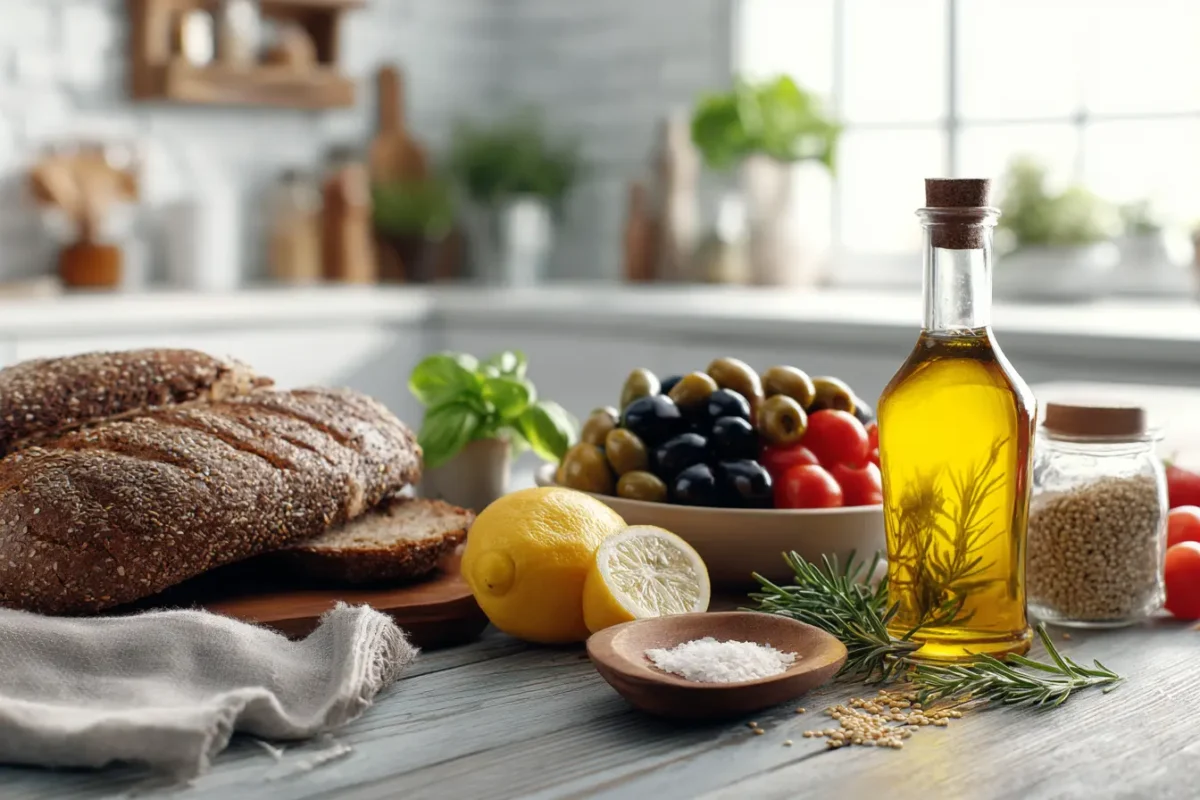 overhead hero flat lay of Mediterranean ingredients showing a mediterranean diet food list with olive oil, tomatoes, bread, and herbs