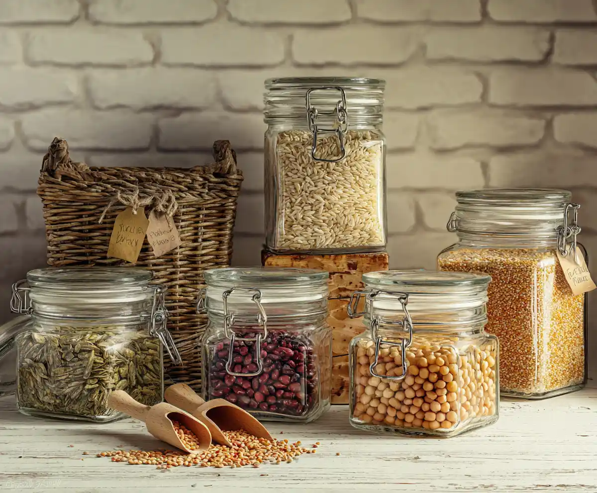 pantry jars of whole grains and legumes illustrating the mediterranean diet food list with farro rice and chickpeas