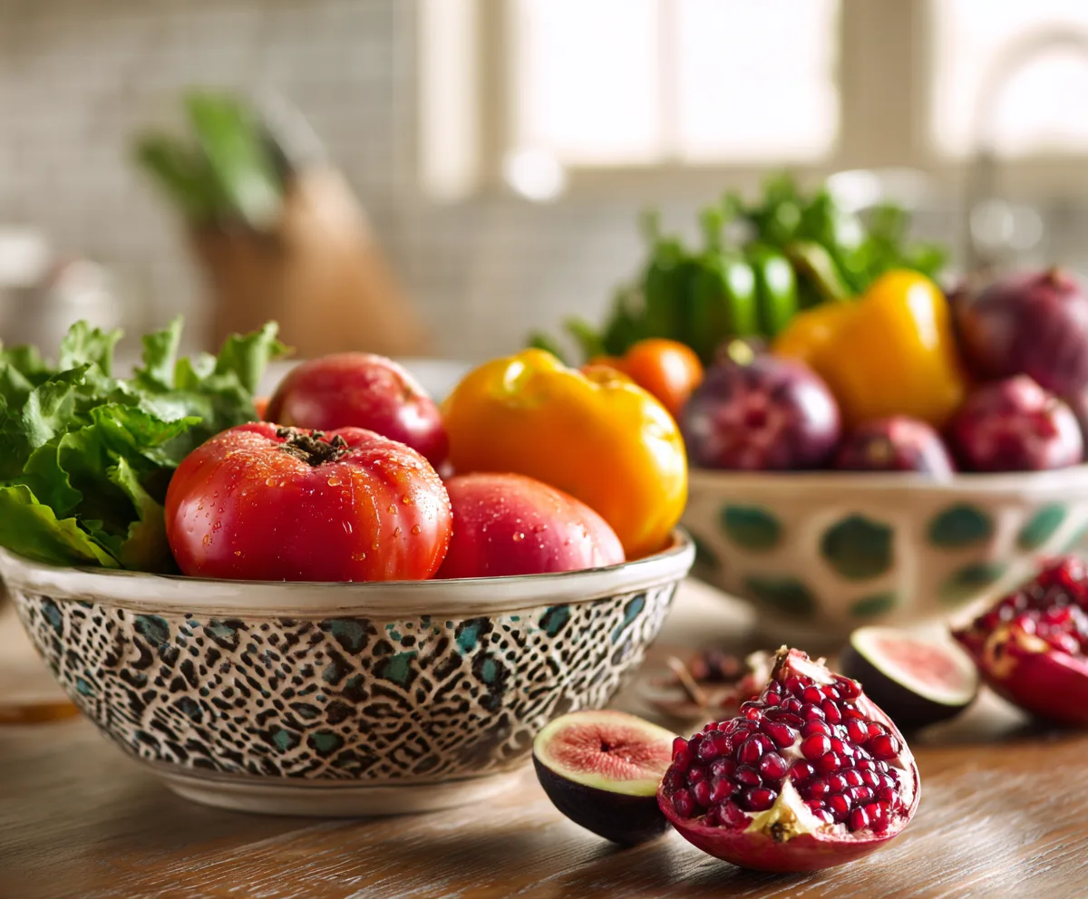close-up of seasonal vegetables and fruits representing a mediterranean diet food list with tomatoes peaches and pomegranate