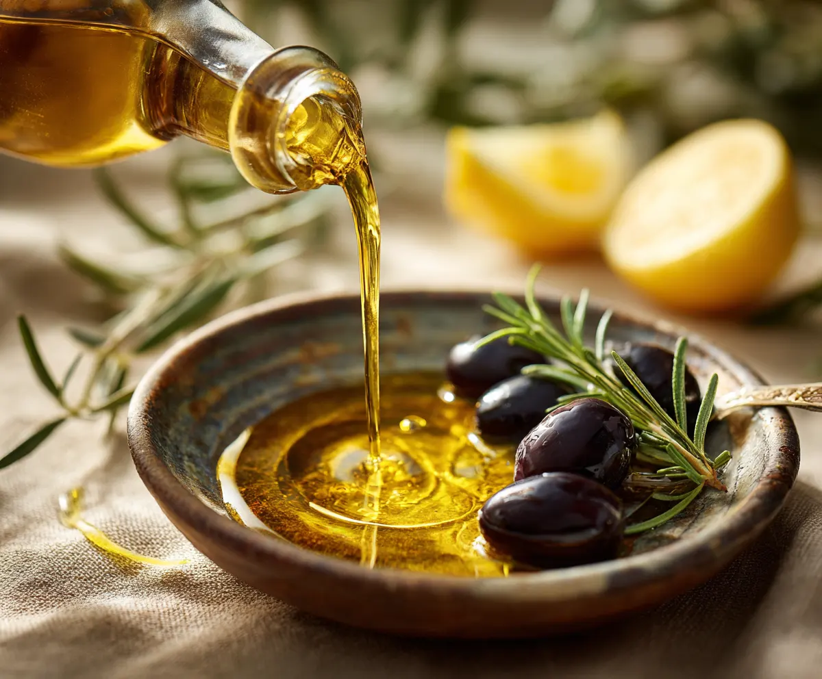 close-up of extra virgin olive oil pour representing the mediterranean diet food list with olives and rosemary