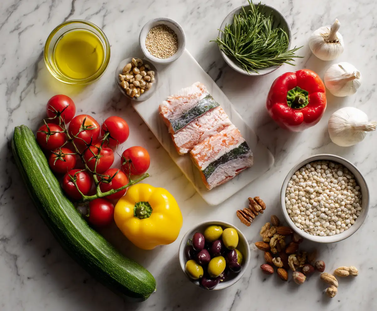 Mediterranean diet meal plan flat lay with vegetables, grains, legumes, and olive oil