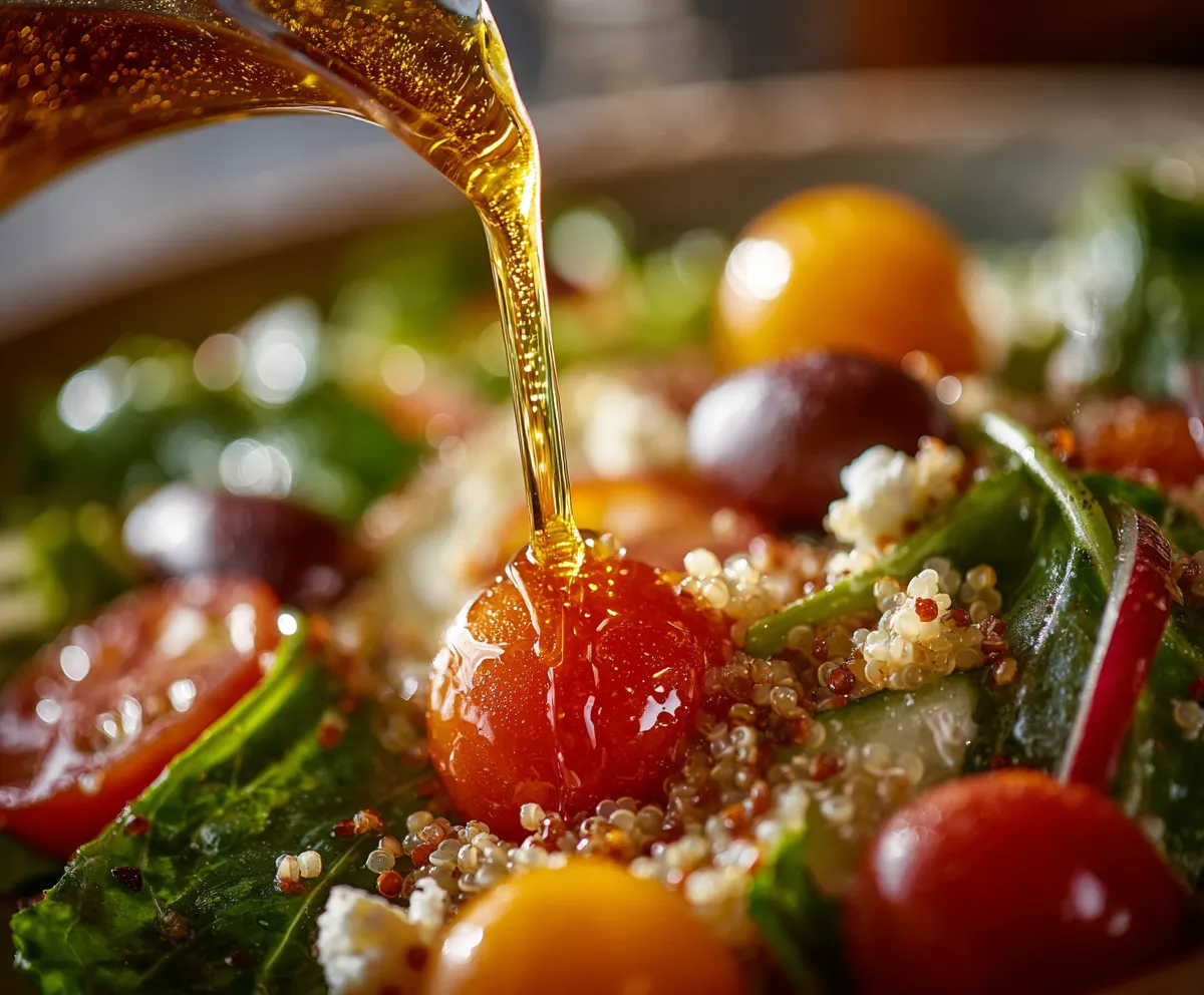 Olive oil drizzle over fresh salad as part of the Mediterranean diet meal plan principles
