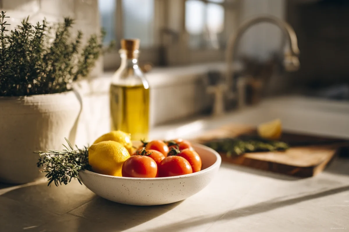 Mediterranean diet meal plan with fresh ingredients on a rustic kitchen counter