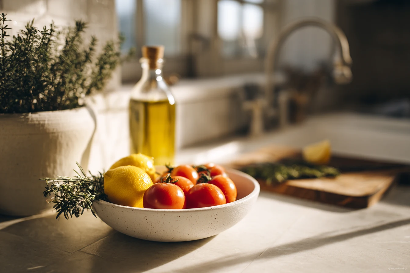 Mediterranean diet meal plan with fresh ingredients on a rustic kitchen counter