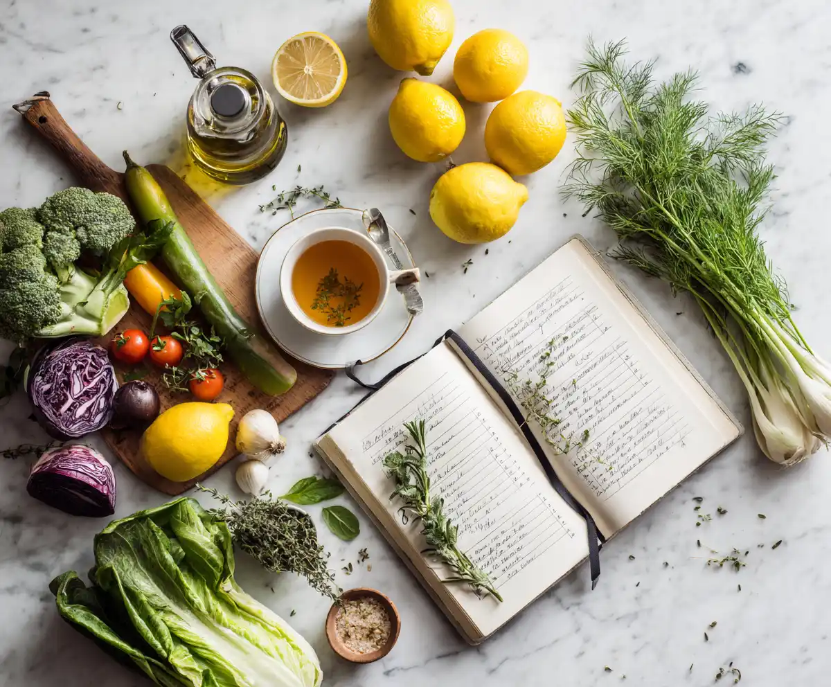 Weekly Mediterranean diet meal plan guide with fresh ingredients and olive oil