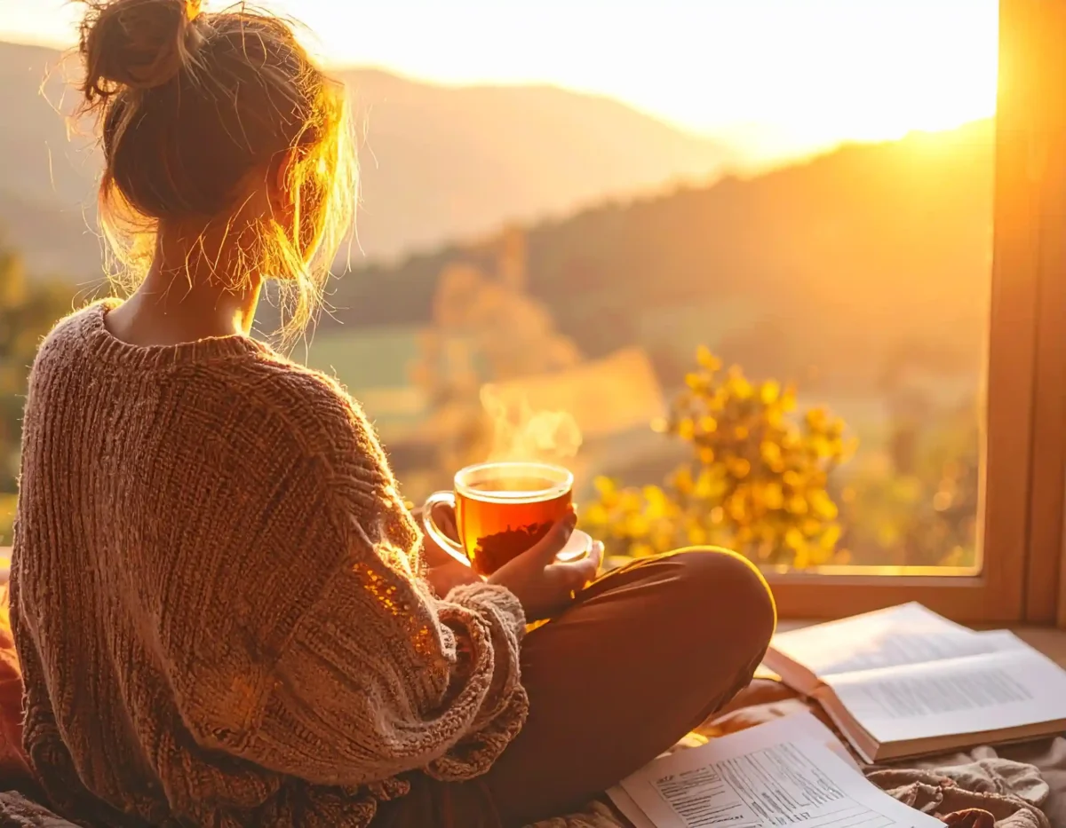 Reflective woman having tea during her mediterranean diet personal journey, realizing the importance of heart health and balanced eating.
