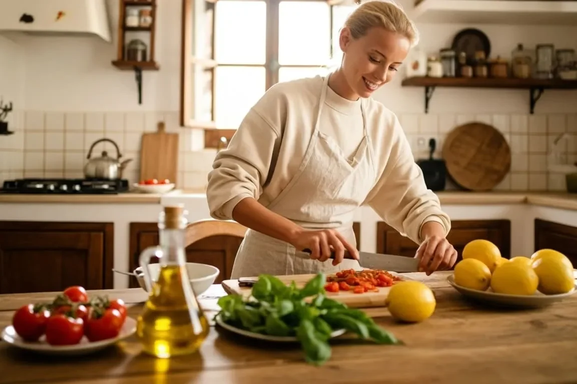 Woman preparing fresh ingredients in a sunlit Mediterranean kitchen, illustrating the start of her mediterranean diet personal journey toward healthy living.