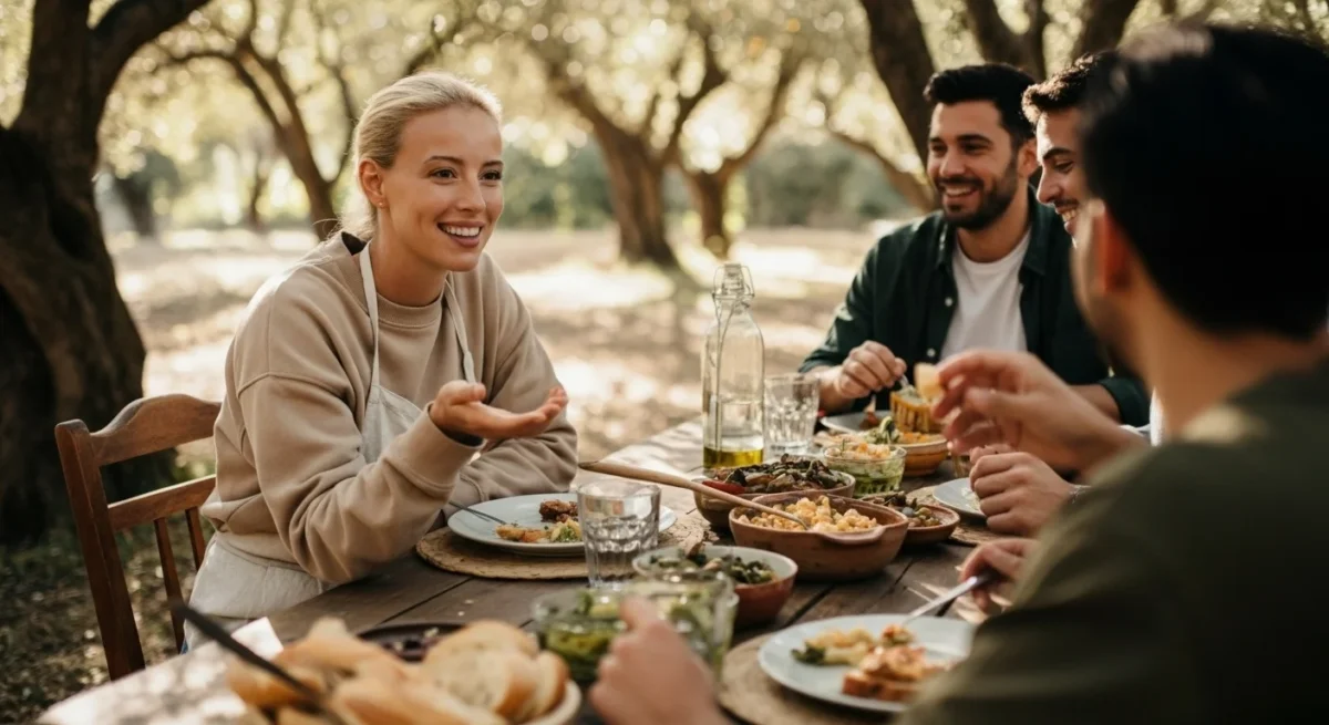 Friends enjoying a Mediterranean-style meal outdoors, celebrating connection, culture, and balance in the mediterranean diet personal journey.
