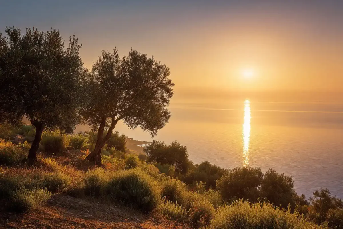Sunrise over the Mediterranean coast, symbolizing renewal, balance, and reflection in the mediterranean diet personal journey.