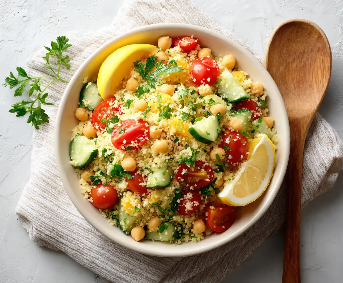 colorful chickpea couscous bowl with fresh vegetables and herbs, Mediterranean dinner recipes style