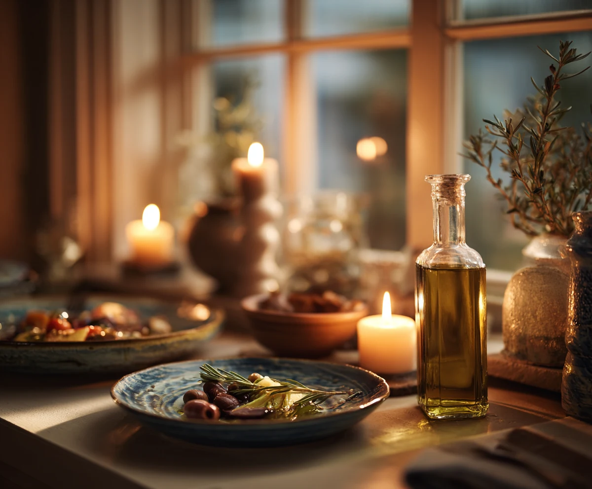 cozy evening kitchen scene after cooking Mediterranean dinner recipes