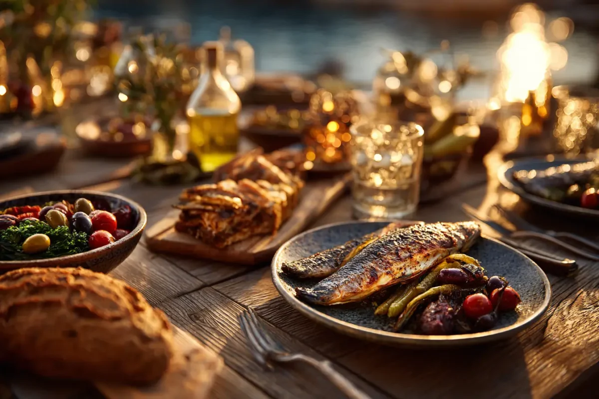 cozy evening table with Mediterranean dinner recipes, featuring grilled fish, vegetables, and bread
