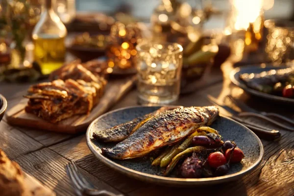 cozy evening table with Mediterranean dinner recipes, featuring grilled fish, vegetables, and bread
