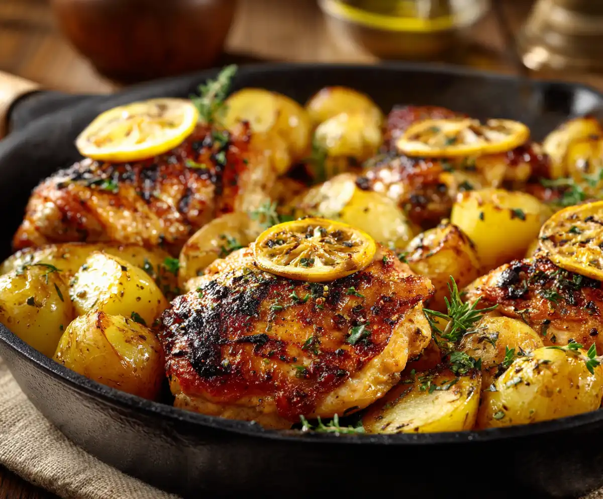 Greek lemon chicken with potatoes, a quick Mediterranean dinner recipe in rustic pan