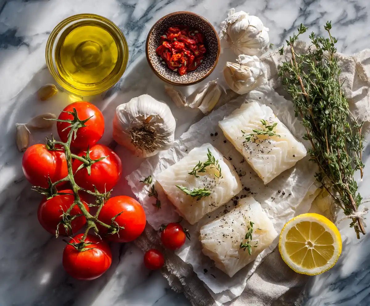 fresh Mediterranean dinner recipes ingredients like olive oil, tomatoes, herbs, and fish on table