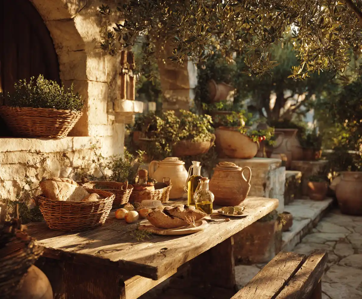 Mediterranean courtyard with vegetables and olive oil representing lifestyle guide