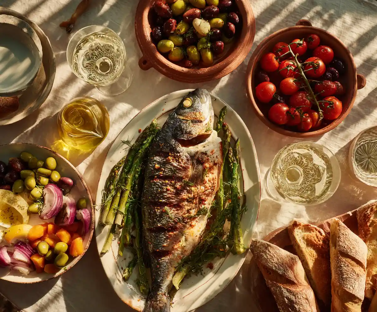 Mediterranean meal spread with fish, olives, and vegetables for lifestyle guide