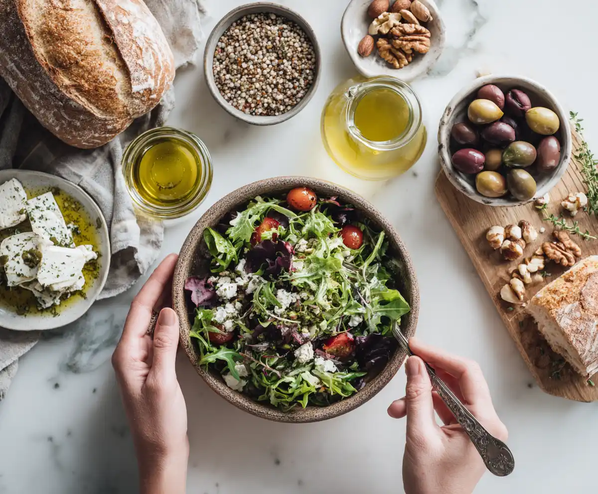 setting a Mediterranean table with olive oil and salad for lifestyle guide Title: Mediterranean Lifestyle Guide – How to Start Living It