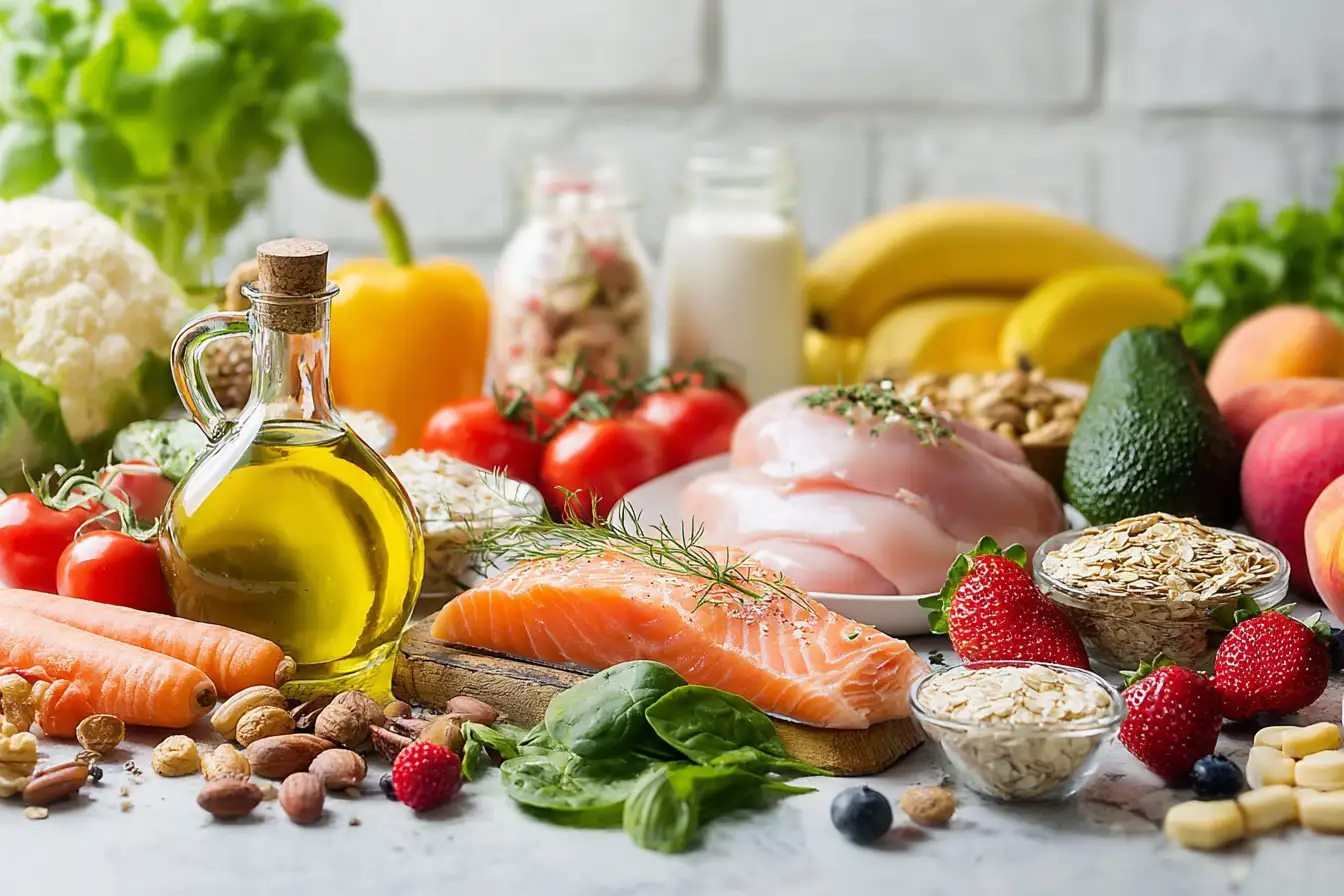 A colorful display of fresh Mediterranean foods including olive oil, fish, fruits, and vegetables representing the Mediterranean lifestyle guide.