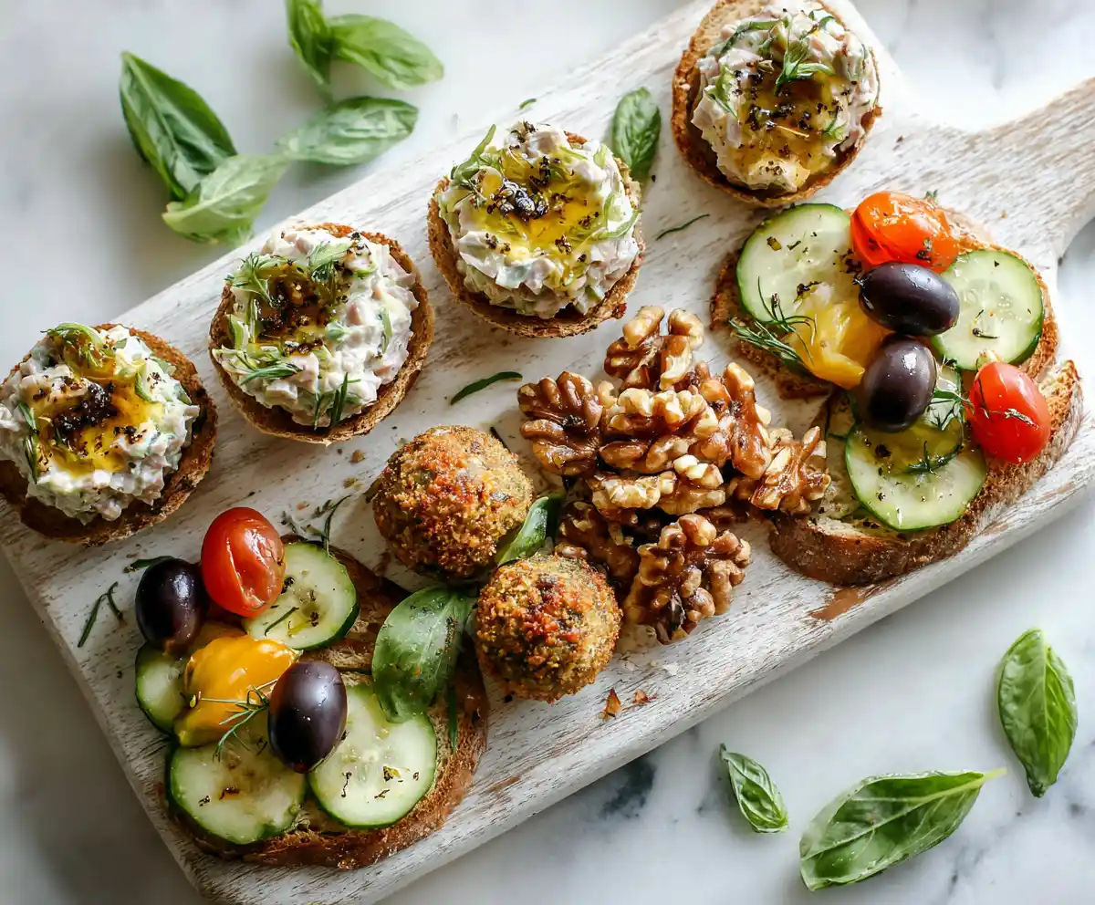 Mediterranean snacks and appetizers with tuna salad, bruschetta, cucumber feta bites, and fig walnut balls