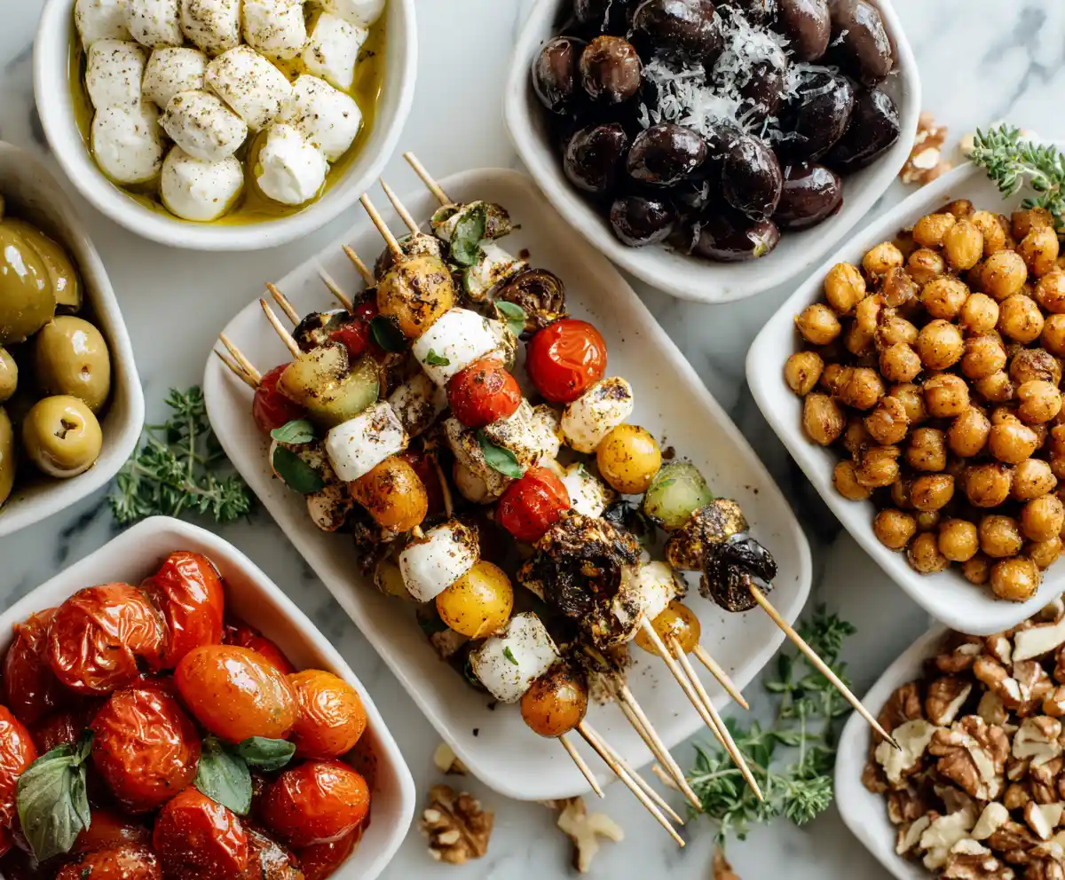 Mediterranean snacks and appetizers with Caprese skewers, olives and nuts mix, and roasted chickpeas