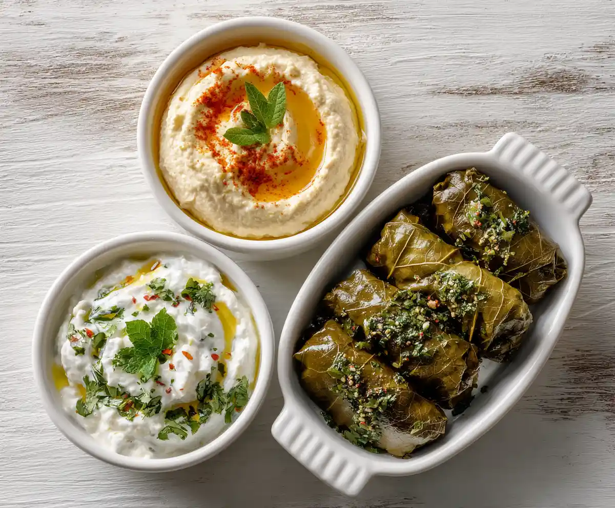 Mediterranean snacks and appetizers with hummus, Greek yogurt dip, and stuffed grape leaves