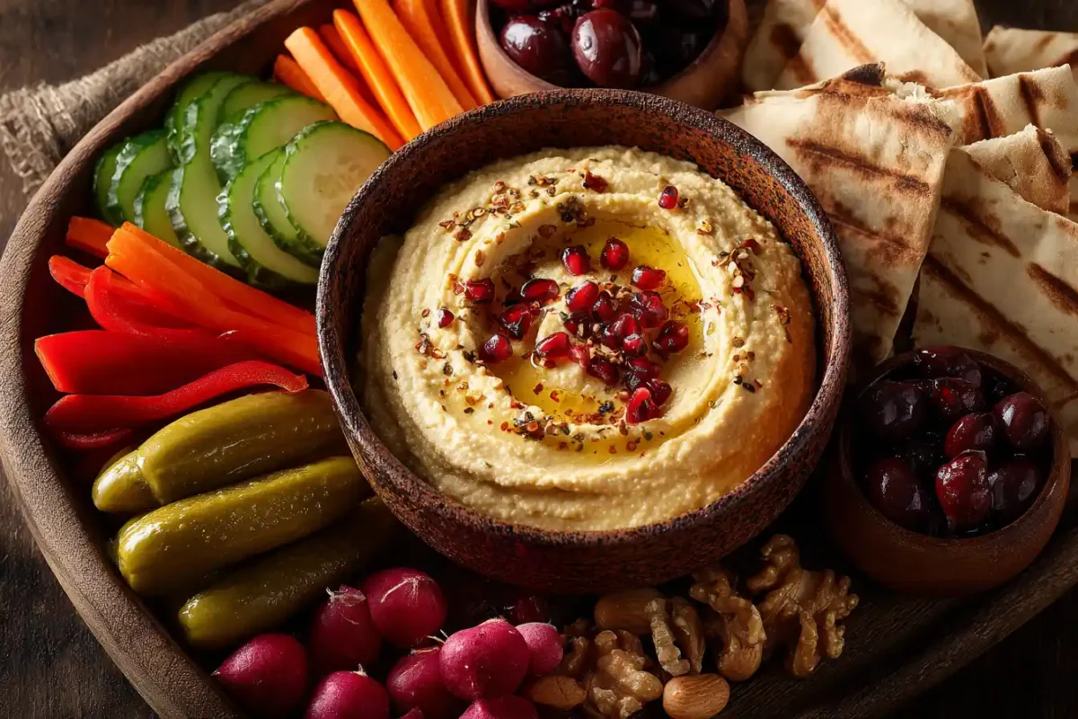 Mediterranean snacks appetizers platter with hummus, fresh vegetables, bread, and olives