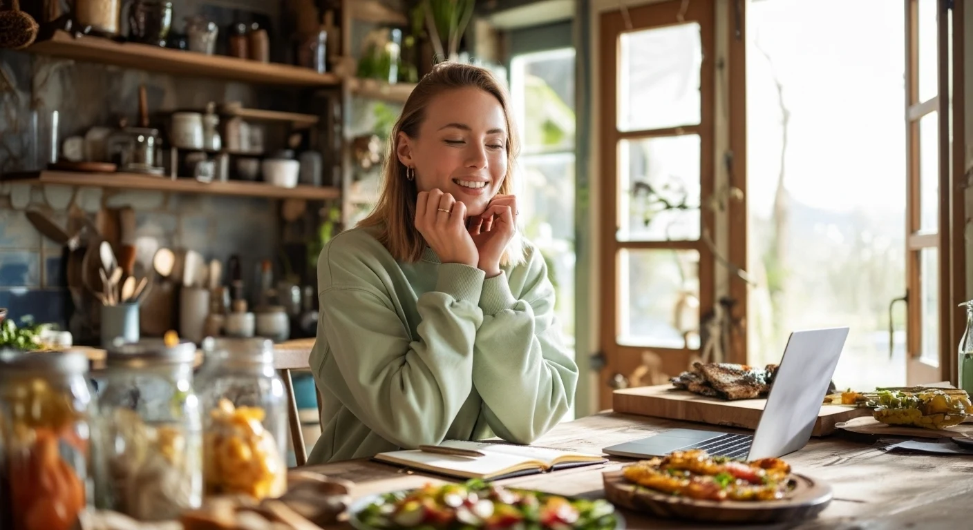 Woman writing in recipe journal beside Mediterranean meal showing my food story and mission