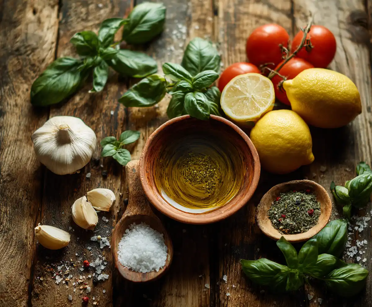 Flat lay of Mediterranean ingredients symbolizing my food story and mission
