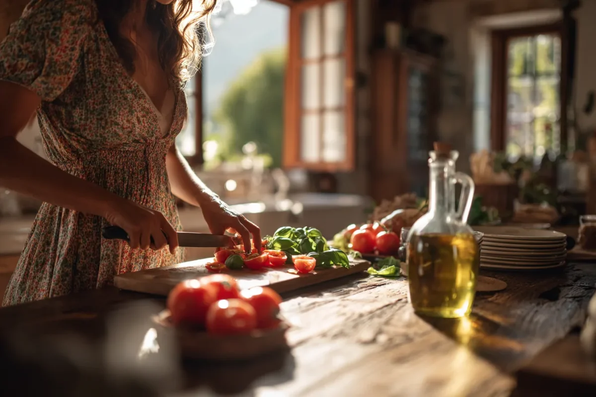 Mediterranean kitchen with woman cooking basil and tomatoes representing my food story and mission
