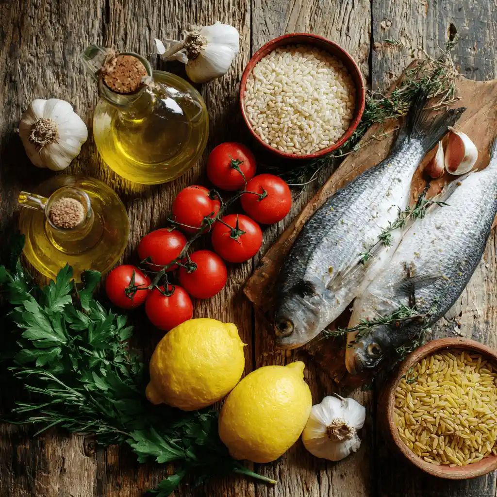 Flat lay of Mediterranean ingredients symbolizing a return to authentic eating in my mediterranean diet personal journey.