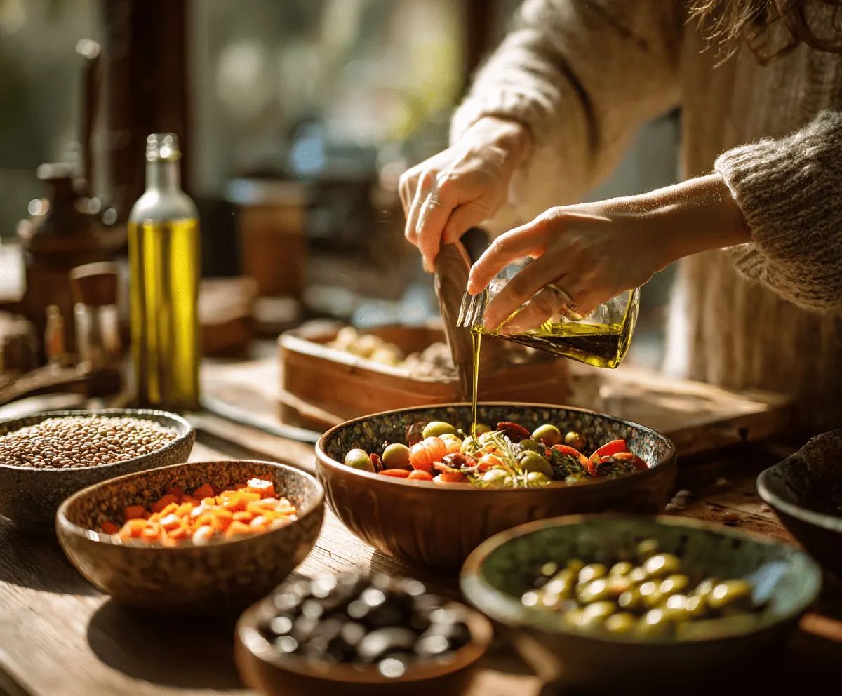 Hands preparing vegetables and legumes that show what is the Mediterranean diet in everyday cooking