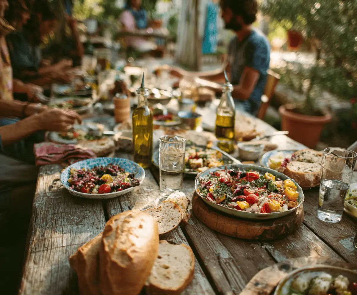 Friends sharing a Mediterranean meal that reflects what is the Mediterranean diet community and joy