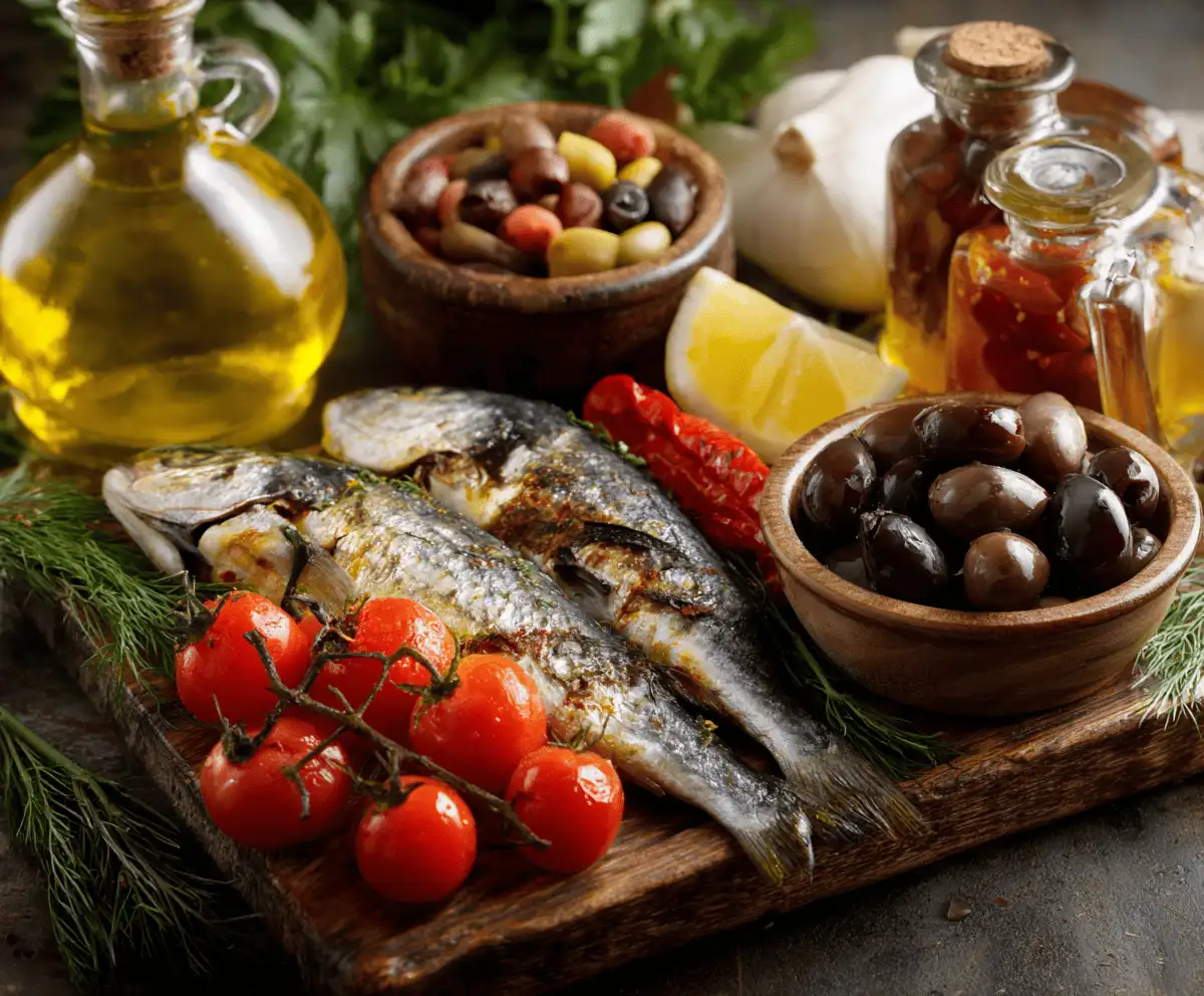 Flat lay of Mediterranean ingredients showing what is the Mediterranean diet essentials