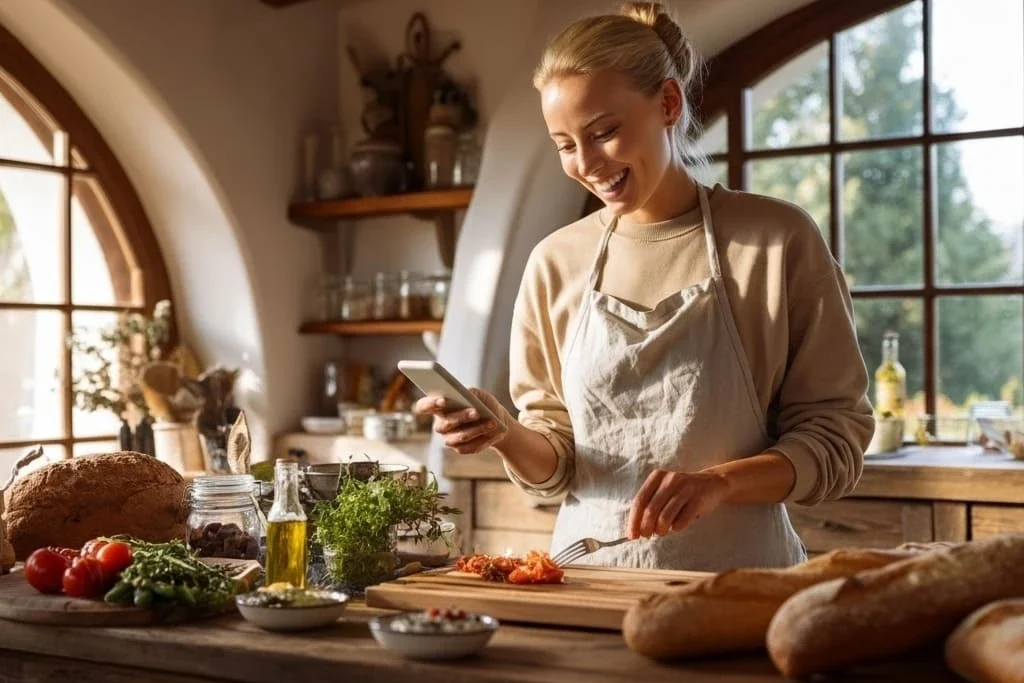 Woman preparing Mediterranean ingredients in a bright kitchen representing what is the Mediterranean diet