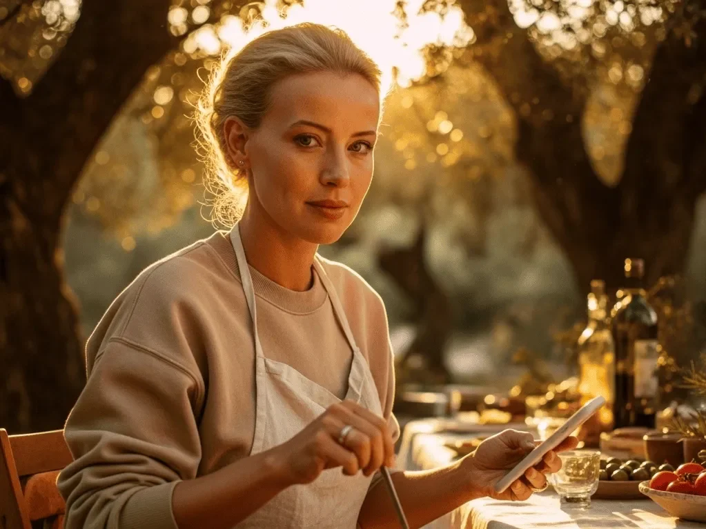 Woman enjoying a healthy Mediterranean lunch outdoors showing what is the Mediterranean diet lifestyle