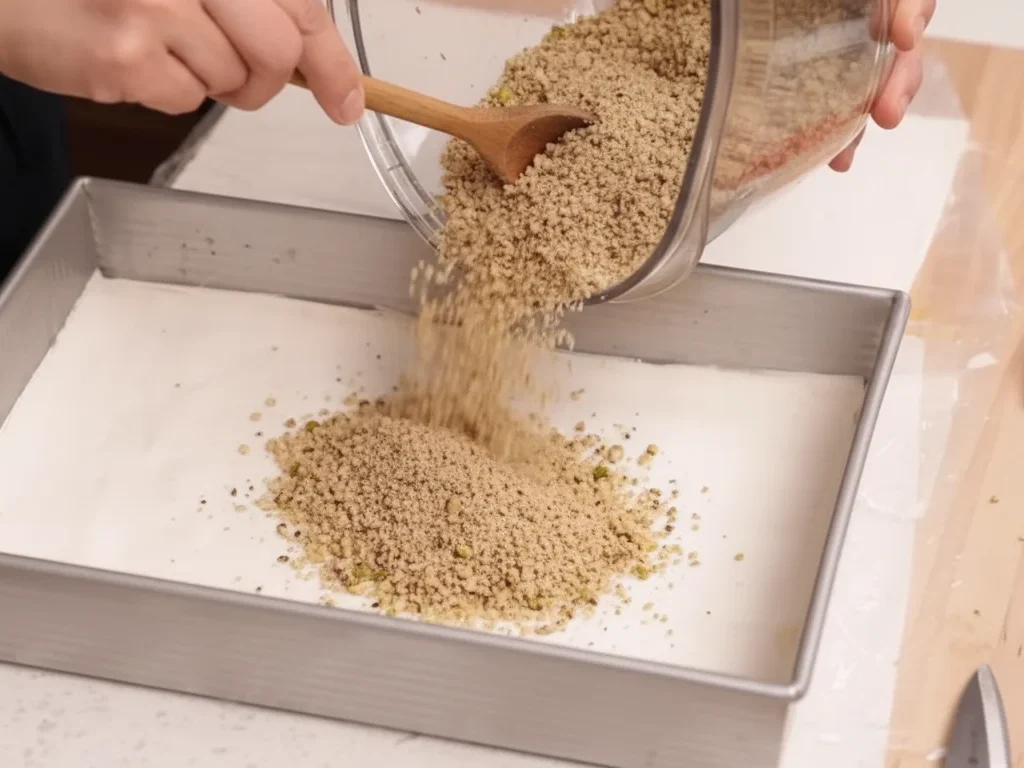 Pouring crushed nut mixture onto phyllo layers for Mediterranean baklava
