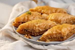 Golden Mediterranean baklava with honey glaze and crushed nuts on a plate.