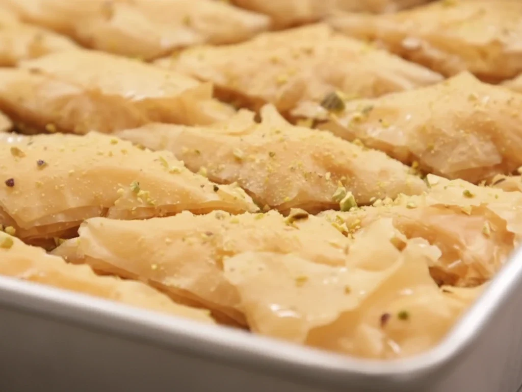 Golden layers of Mediterranean baklava topped with crushed pistachios