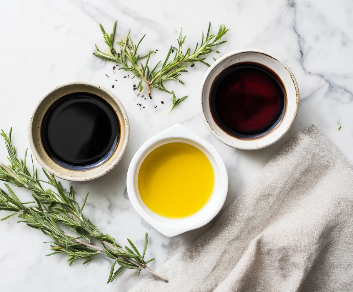 mediterranean pantry bowls of olive oil balsamic vinegar and red wine vinegar with herbs